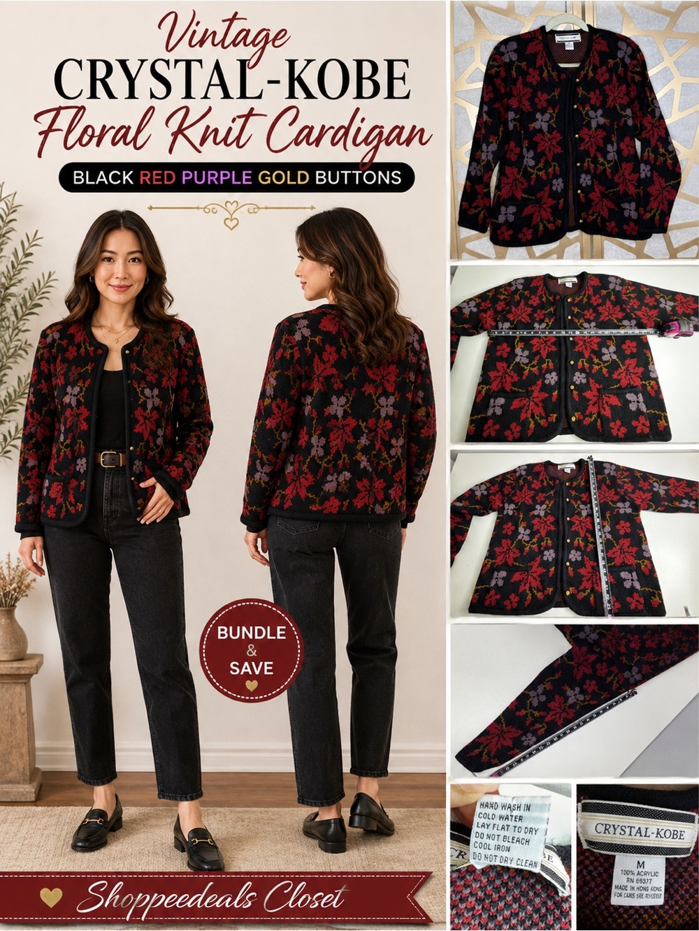 Vintage Crystal-Kobe Floral Knit Cardigan Black Red Purple Gold Buttons Size M